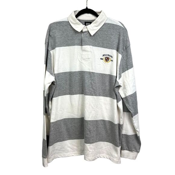 BDG Urban Outfitters Rugby Polo Shirt Stripe Embroidered Crest Gray Beige Men M‎ - Picture 1 of 5